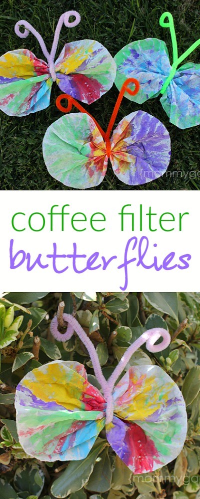 Spring crafts for kids - make these coffee filter butterflies with watercolor paints and pipe cleaners! These are so cute