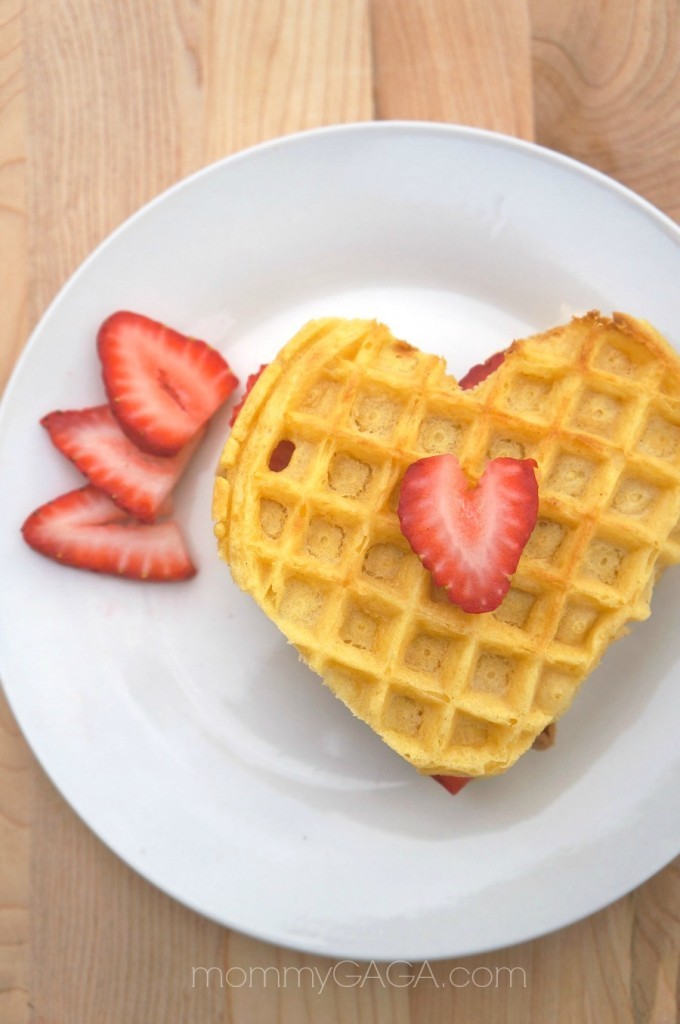 Strawberry cookie butter heart waffles for Valentine's Day Breakfast