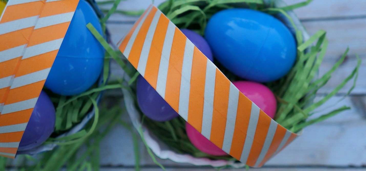 Top handle of paper plate Easter basket craft, decorated with washi tape