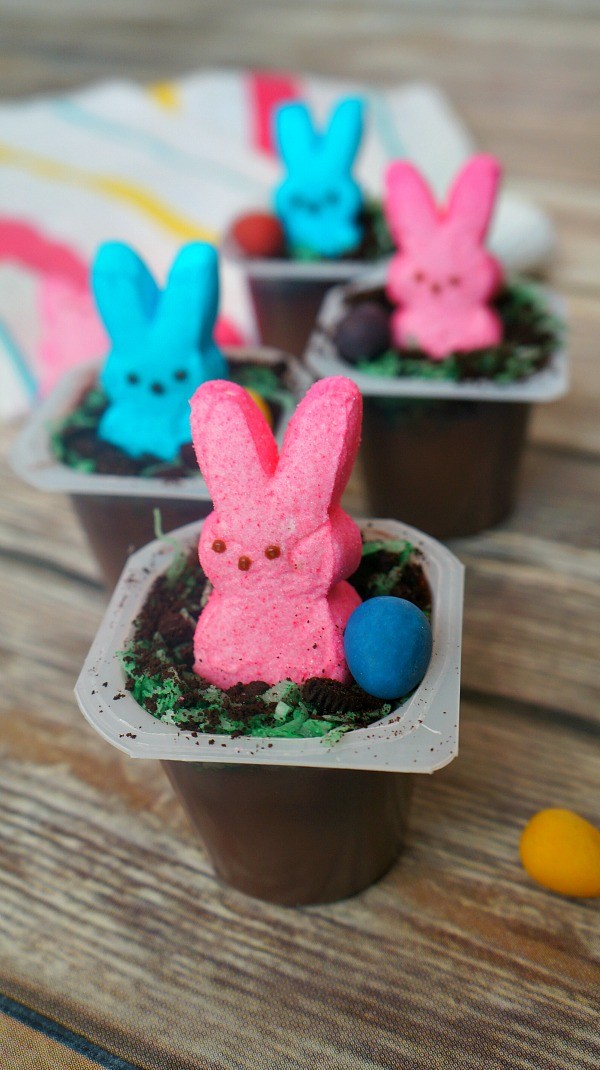 Easter treats for kids, Chocolate Pudding Peeps in Easter Dirt Cups