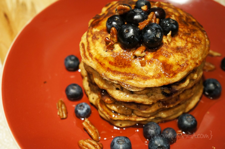 Whole wheat blueberry pancakes with pecans