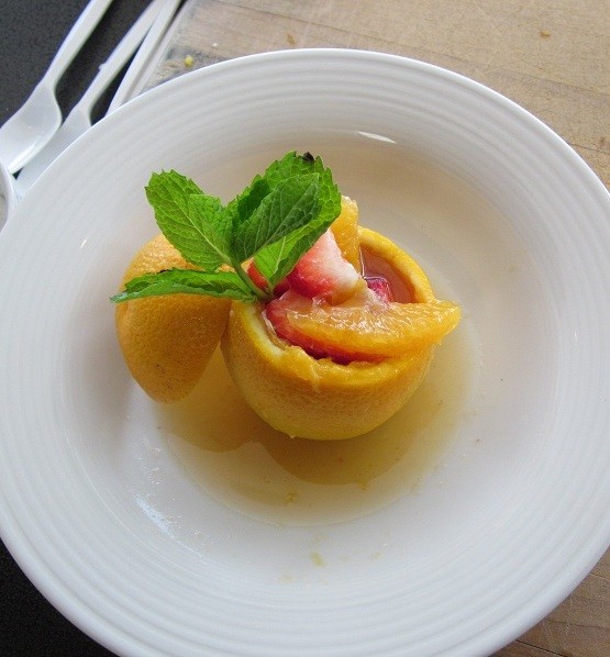 Fun With Fruit Orange Strawberry Compote in an Orange Cup Honey + Lime