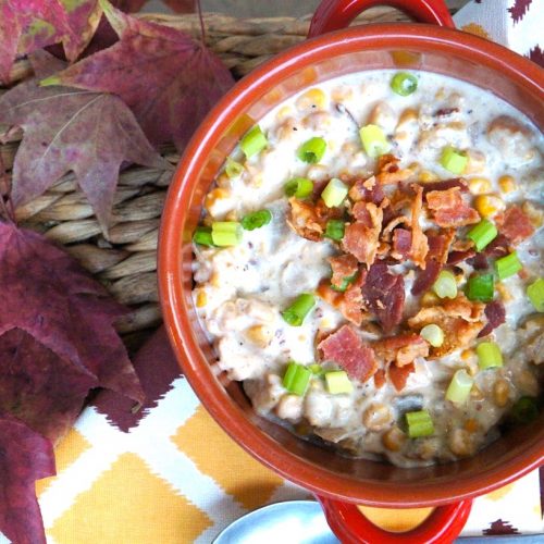 Creamy potato and corn chowder soup with bacon made in the slow cooker