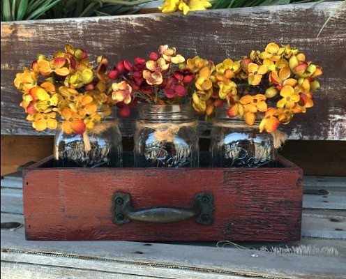 Fall mason jar decor with artificial maple leaves bush