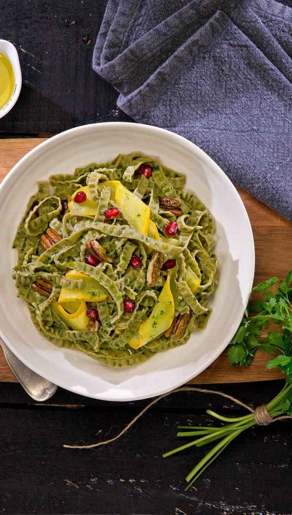 Vegan Fettuccine Pesto Recipe with Squash, Pecans, and Pomegranate