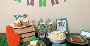 Free Printable Football Party decorations - invitations, banner, cupcake toppers, water bottle wrappers, food tent cards