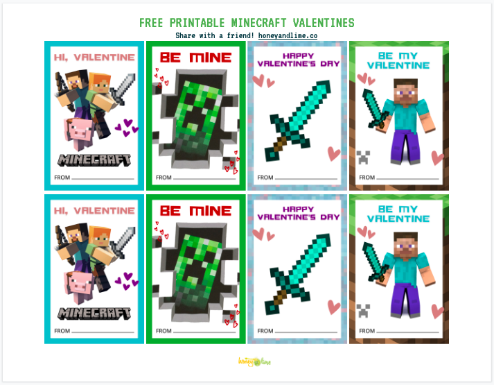 Free Minecraft Valentine cards PDF to print