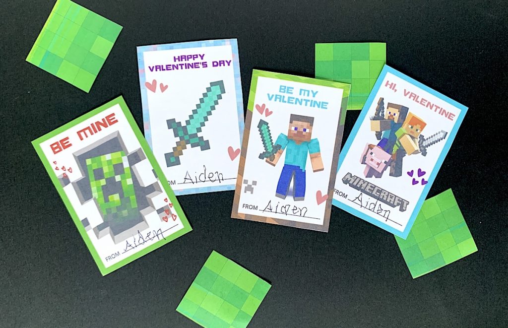 Minecraft printable Valentine cards Steve creeper sword pig characters