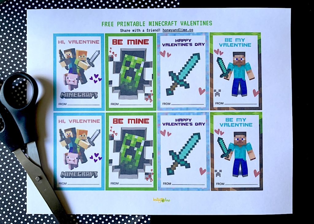 Printable Minecraft cards PDF for Valentines Day - Honey + Lime
